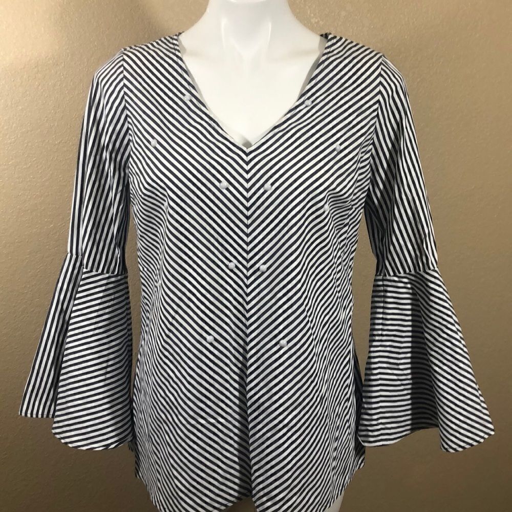 Notations dark gray white striped bell sleeve top